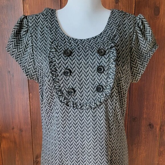 Retro Indie Twee Women L Black Gray Chevron Mini Dress Ruffle Bib Panel 2000s - Picture 3 of 14